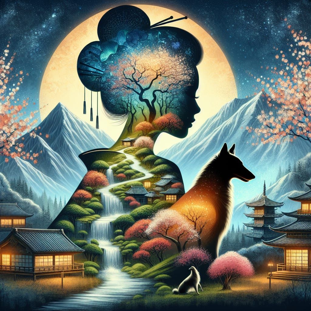 Geisha Silhouette in Zen Landscape with Borzoi
