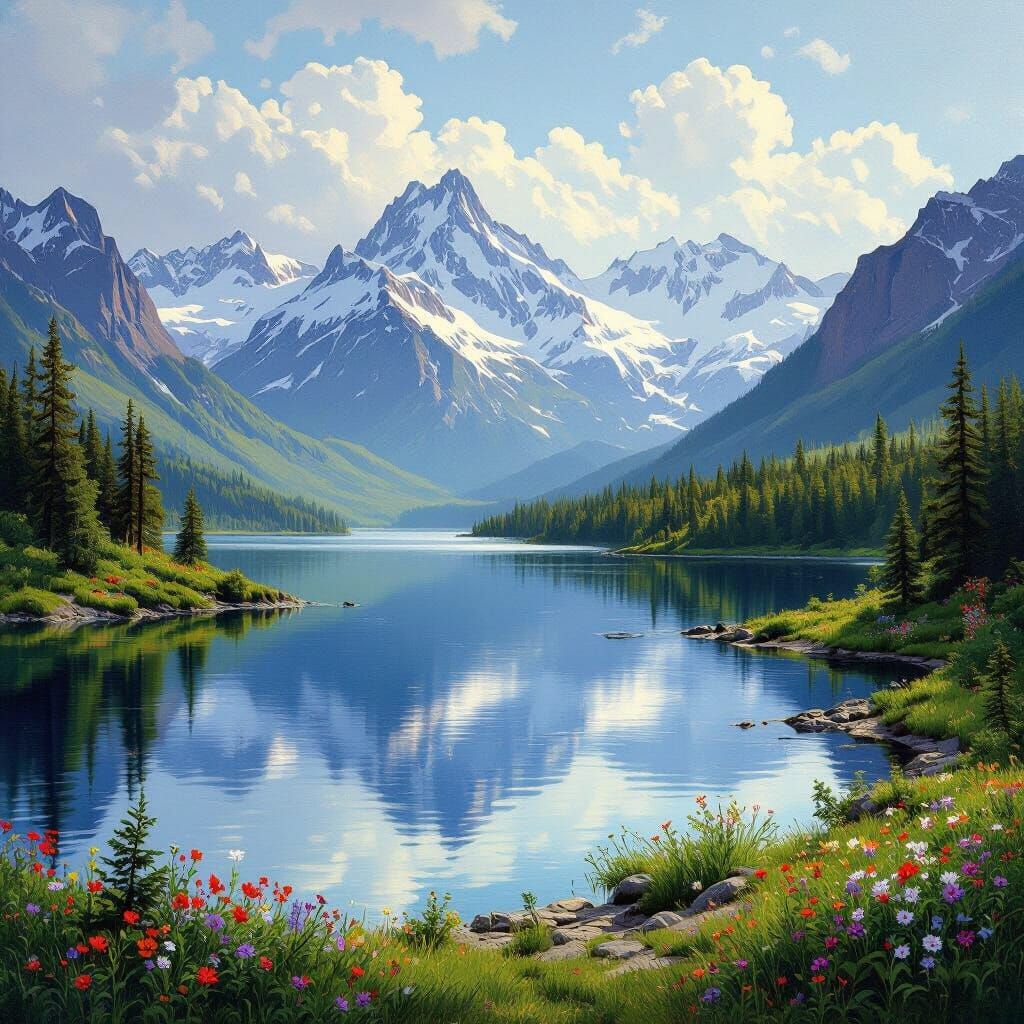 Idyllic Mountain Lake Reflecting Snow Peaks