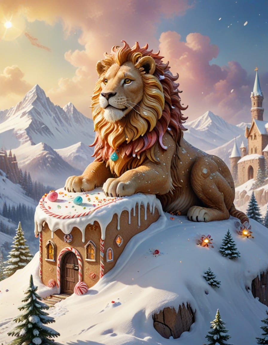 Gingerbread Lion Guards Candy Fortress, Confectionery Art