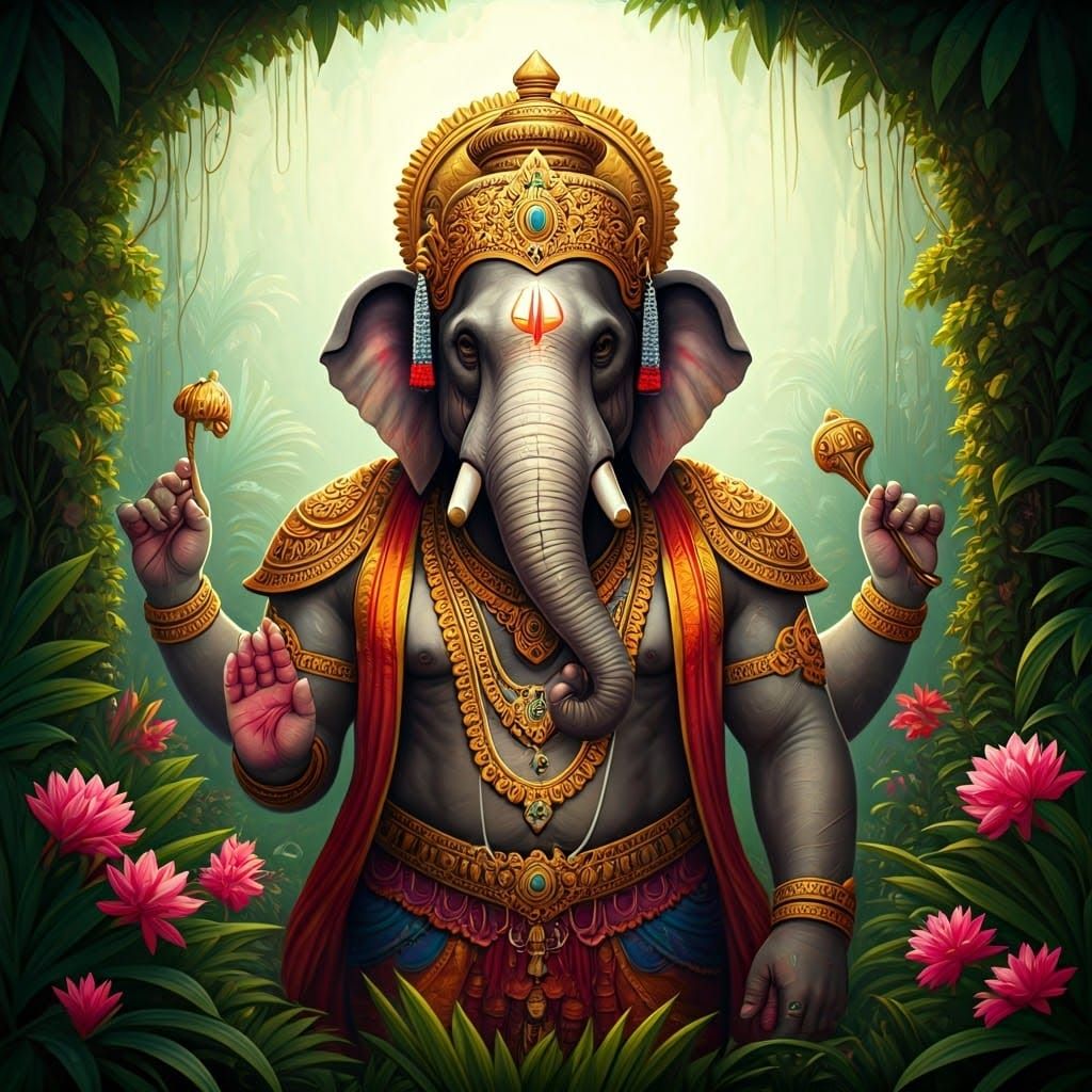 Majestic Elephant Deity in Lush Jungle, Classical Art
