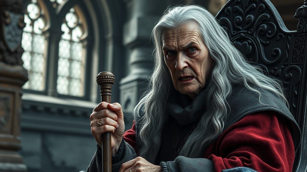 Medieval Noble Woman Shouts in Anger, Surrounded by Dark Fan...