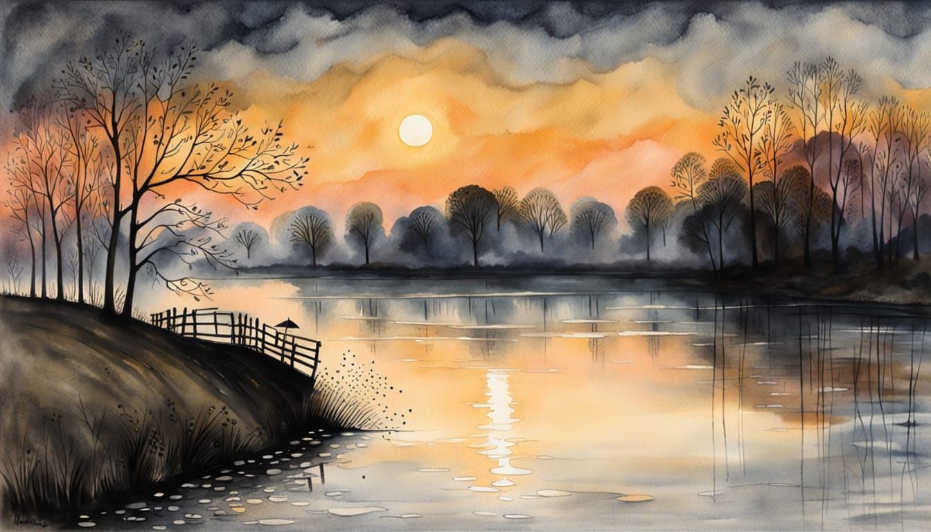 Misty River at Dusk in Watercolor Style