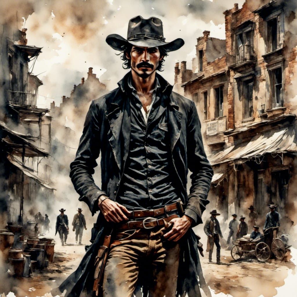 Vintage Cowboy Gunfight in Antique Watercolor Style