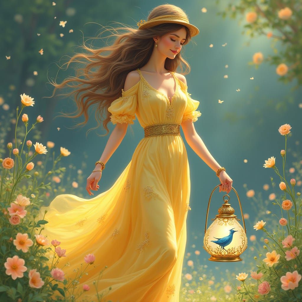 Elegant Woman with Lantern in Enchanting Floral Alley