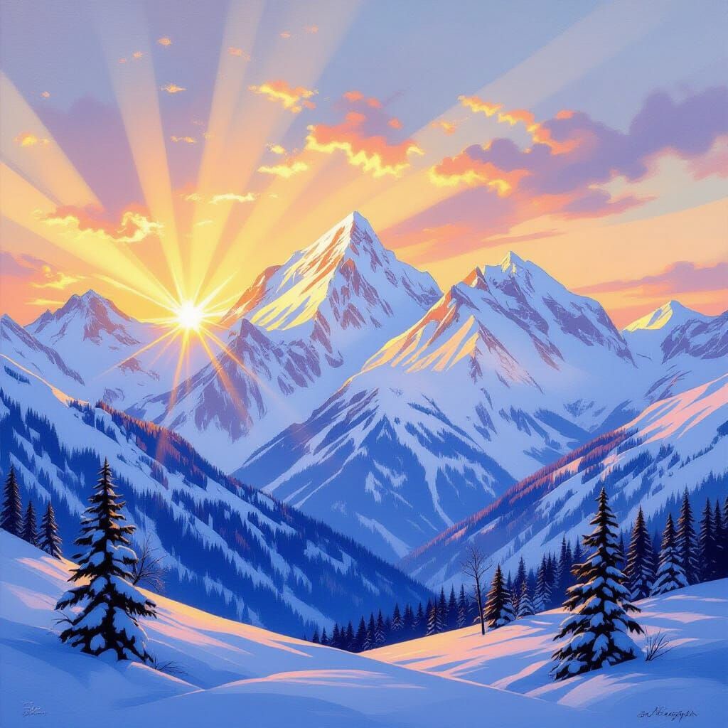 Snowy Mountains at Dawn in Bierstadt Style
