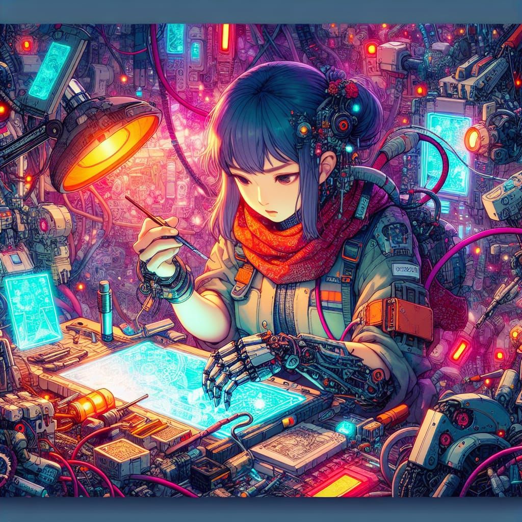 Cyberpunk Chic: A Hispanic Woman's Futuristic Repair Shop