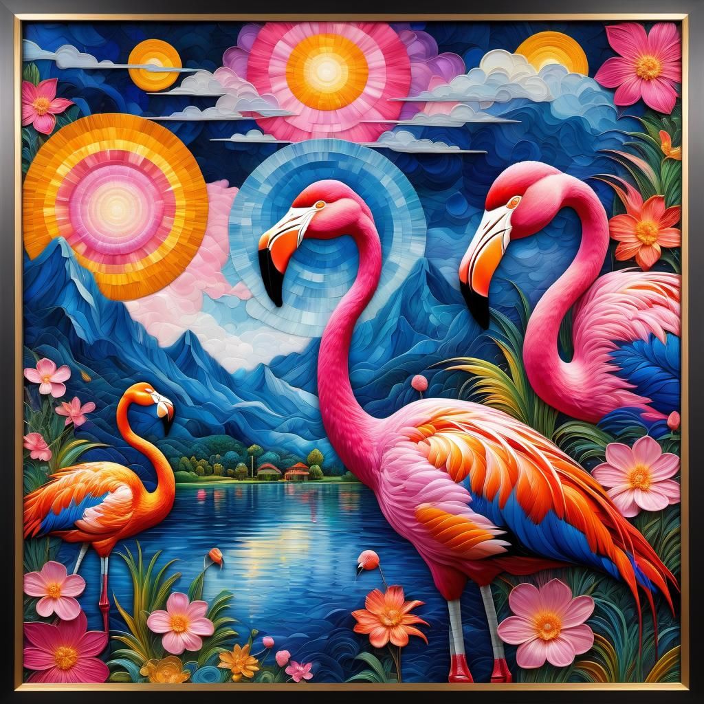 Flamingos in Van Gogh Style with Starry Flowers