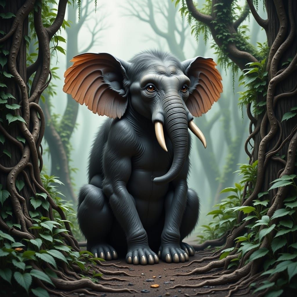Majestic Elephant Monkey Hybrid in Ancient Forest