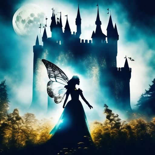 Fairy, Moon, and Castle Double Exposure Silhouette