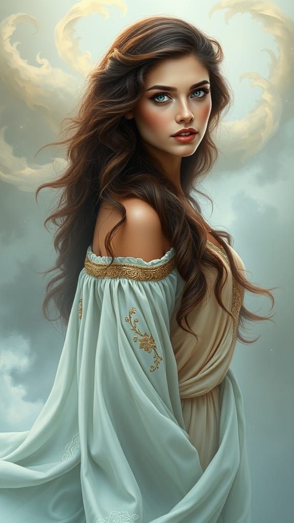 Ethereal Goddess of Ancient Greece in Soft Ivory and Sky Blu...