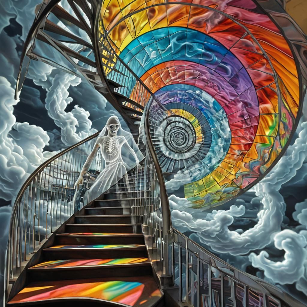 Surreal Ghostly Figure on Spiral Staircase