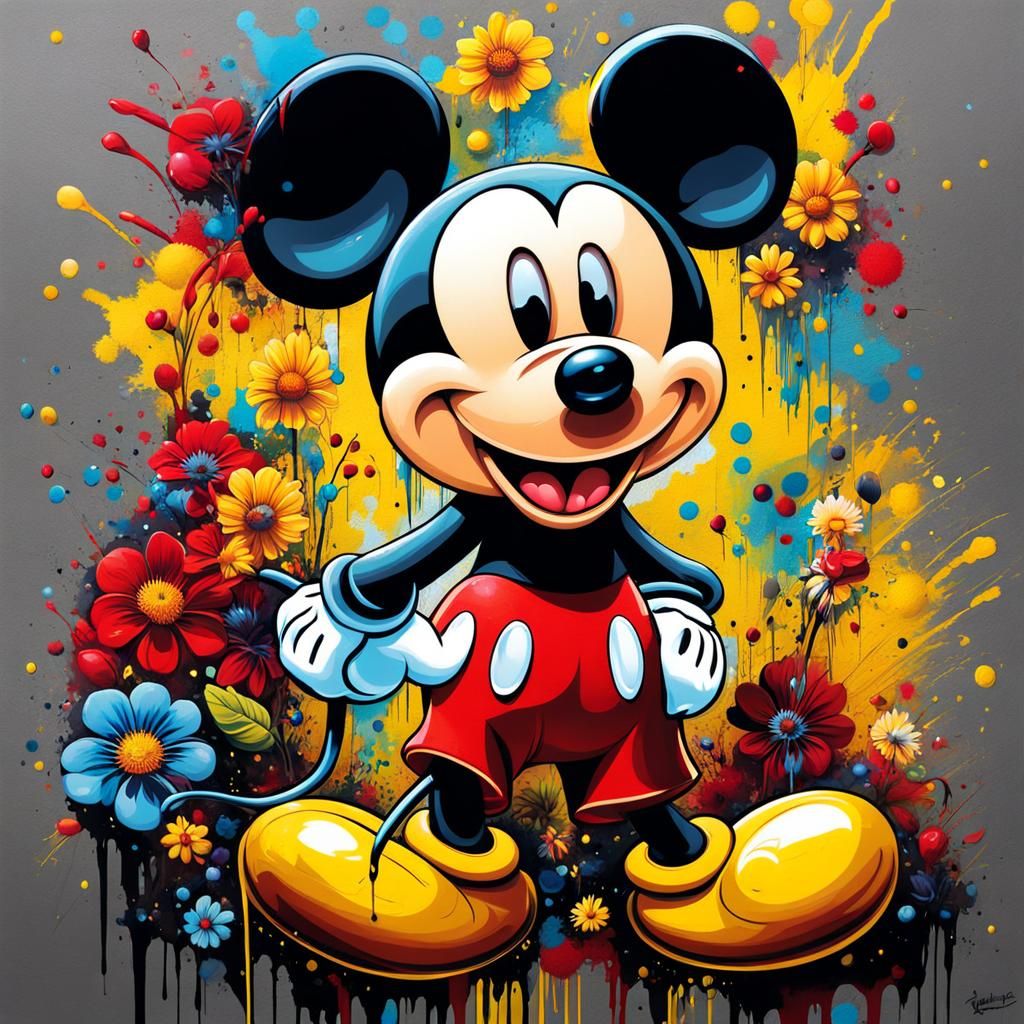 Mickey Mouse with Wildflowers in Graffiti Art Style