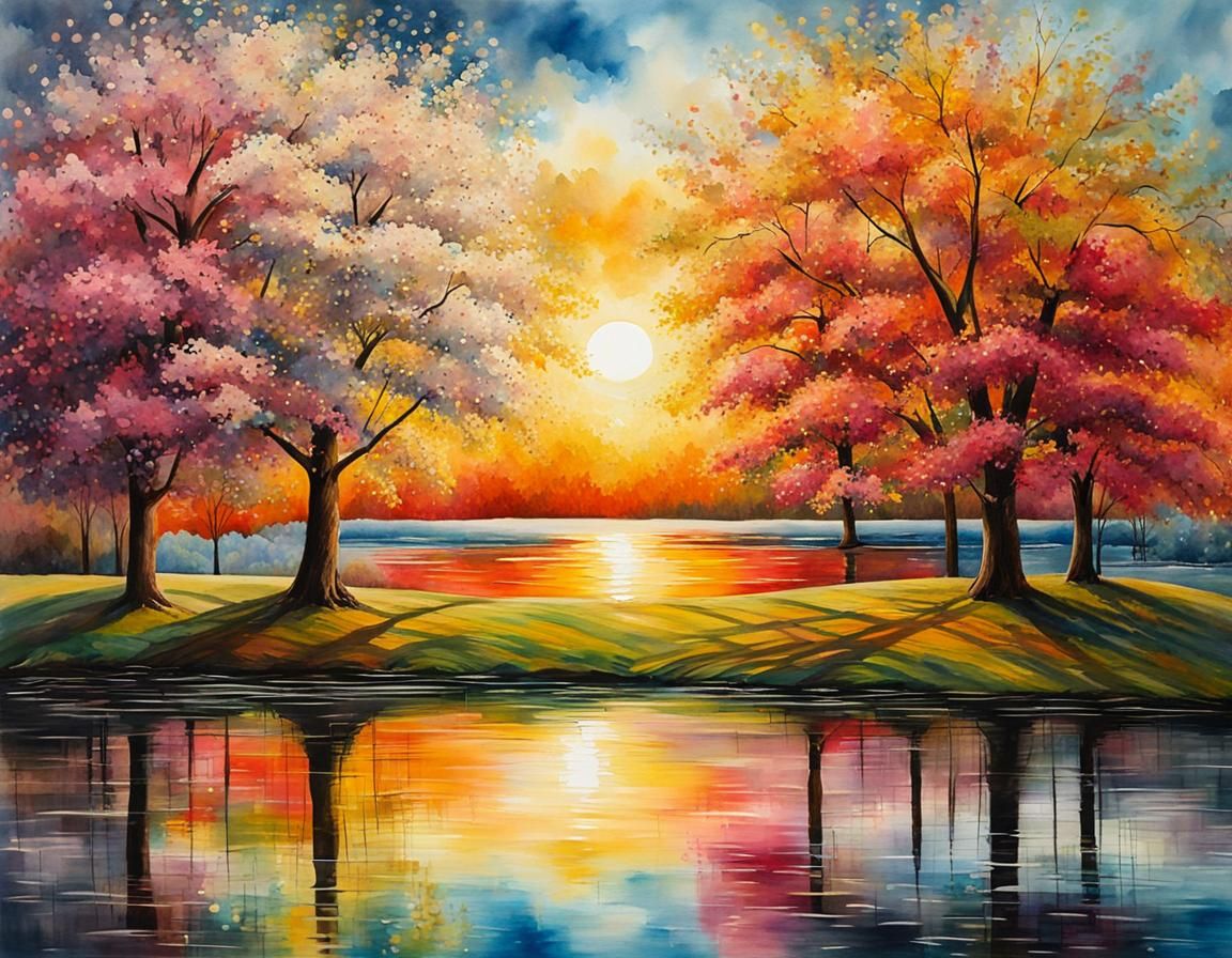 Blossoming Trees Reflected in Lake: Oil and Watercolor Illus...