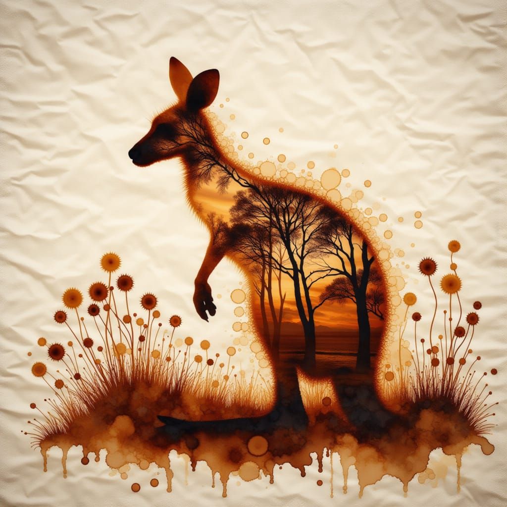 Surreal Kangaroo Double Exposure with Australian Bushland