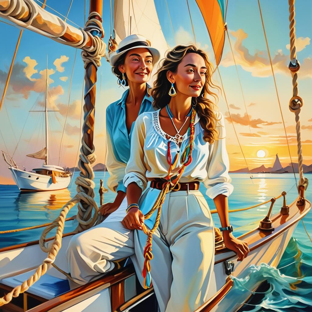 Happy Woman with Camel on Yacht, Oil Painting