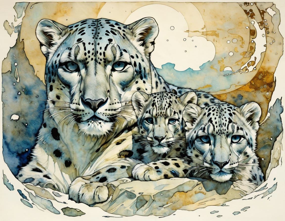 Modern European Ink Painting of Snow Leopard Mother and Baby