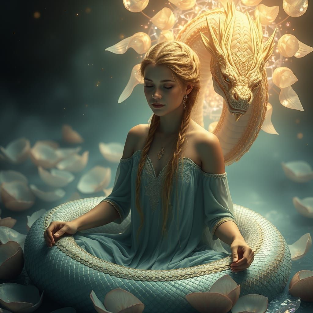 Young Witch Meditates with Majestic Dragon-Like Serpent in I...