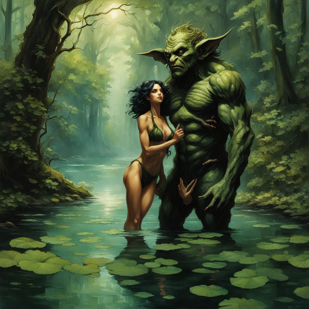 Goblin Man and Human Woman in Pond