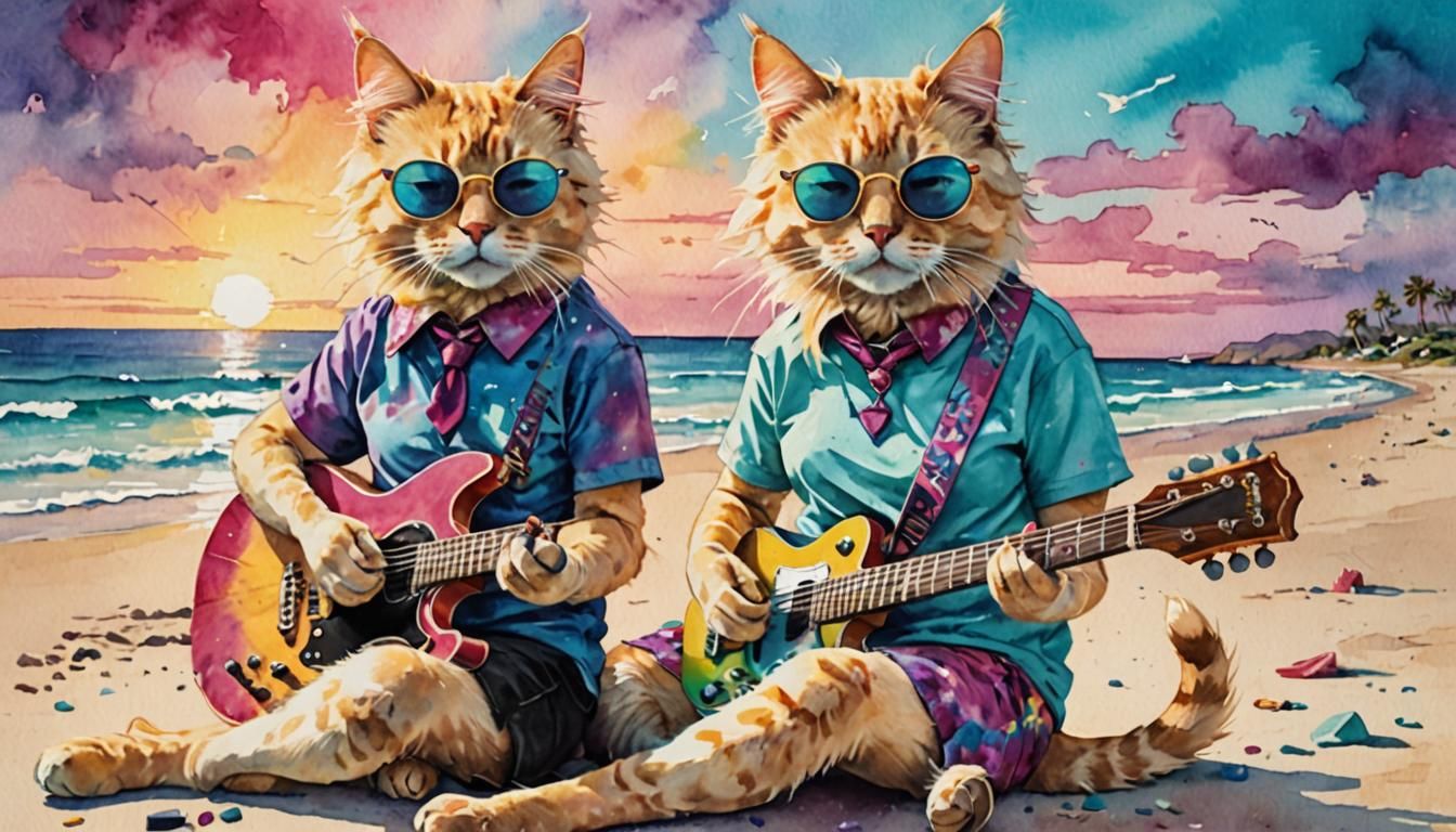 Blonde Cat Guitarist on Beach, Watercolor Painting