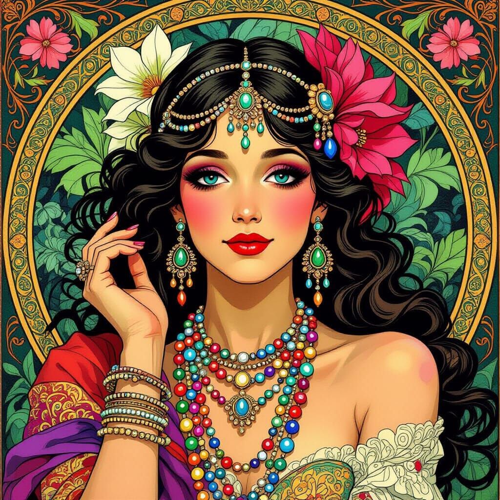 Woman Adorned with Baubles in Art Nouveau Style