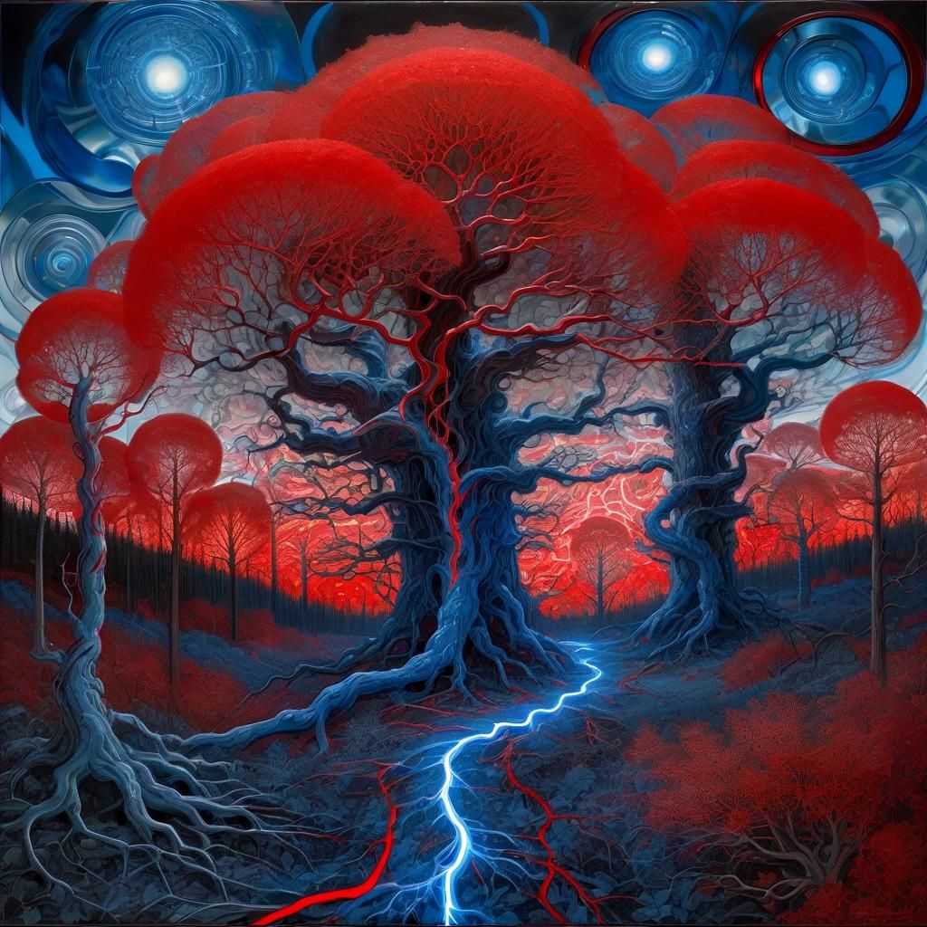 Surreal Metal Forest with Electric Lightning and Aurora
