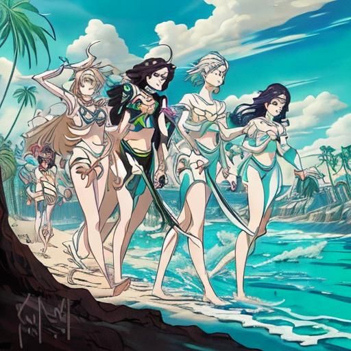 Vibrant Woman Strolls Beach in Dreamy Art Style