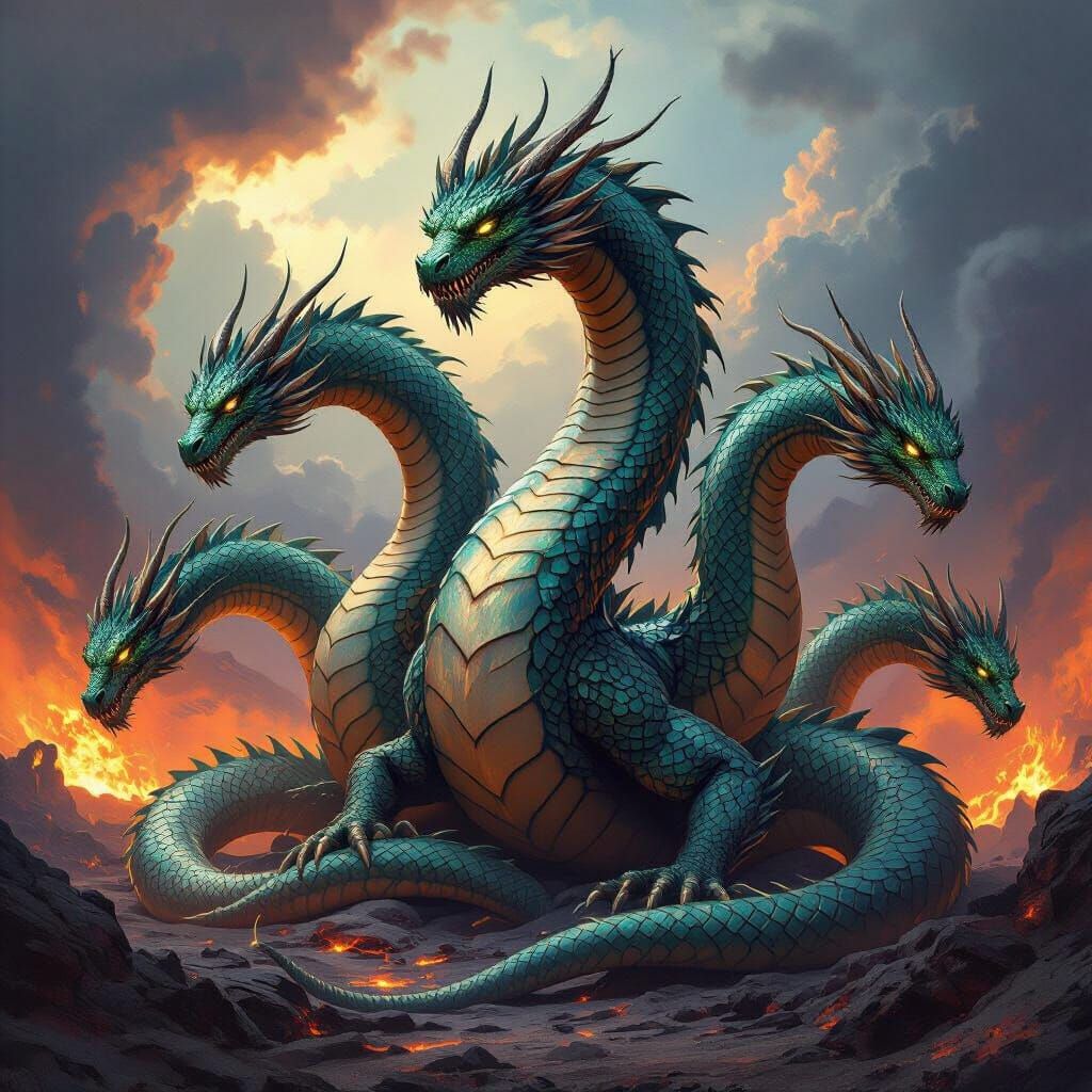Majestic Multi-Headed Hydra Dragon in Volcanic Landscape