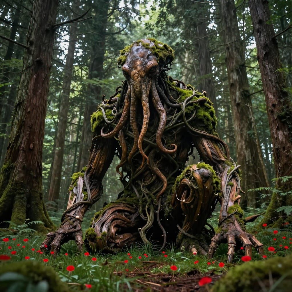 Ancient Forest Guardian with Octopus Head Sits Photorealisti...