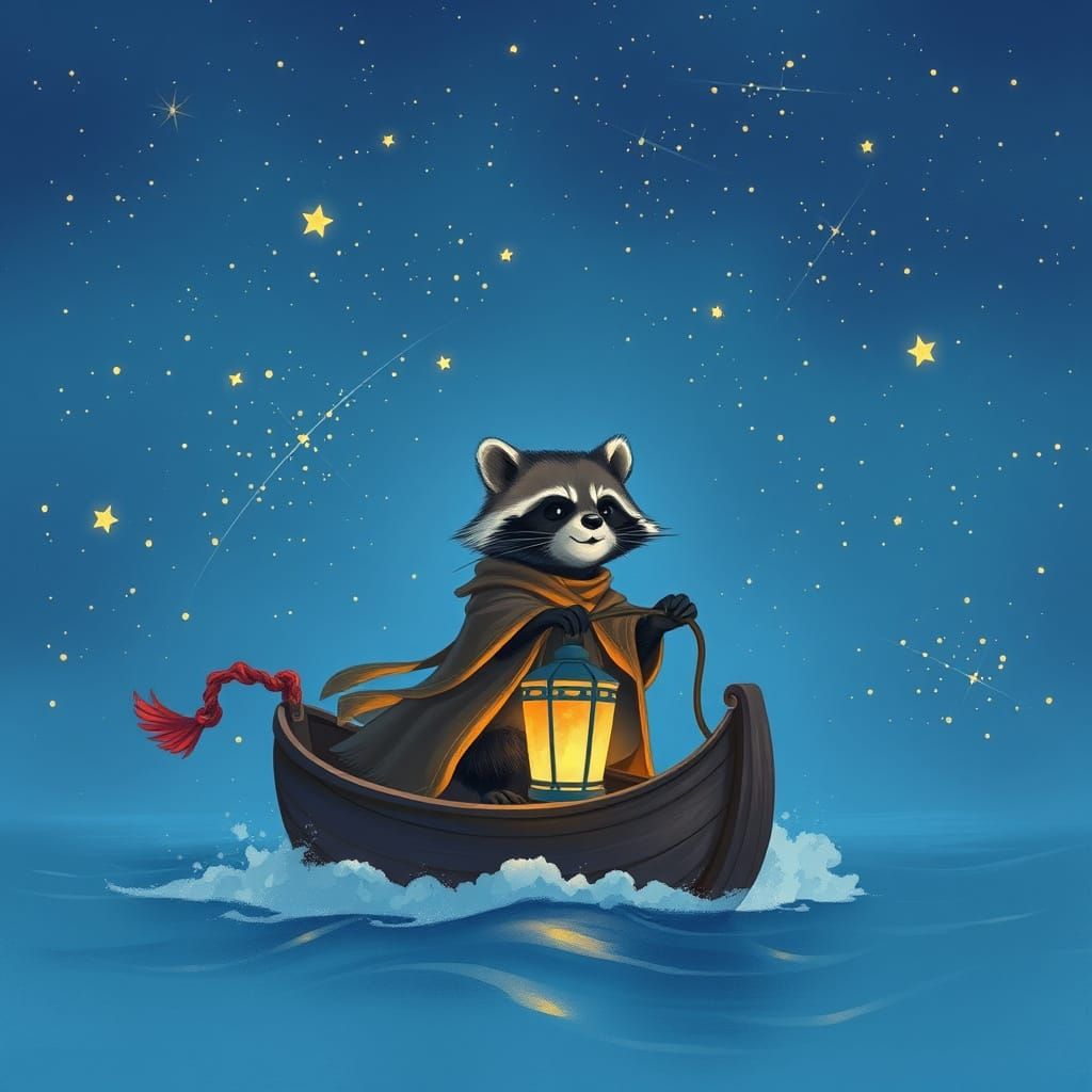 Whimsical Raccoon Navigator Drifts Through Starry Skies in D...