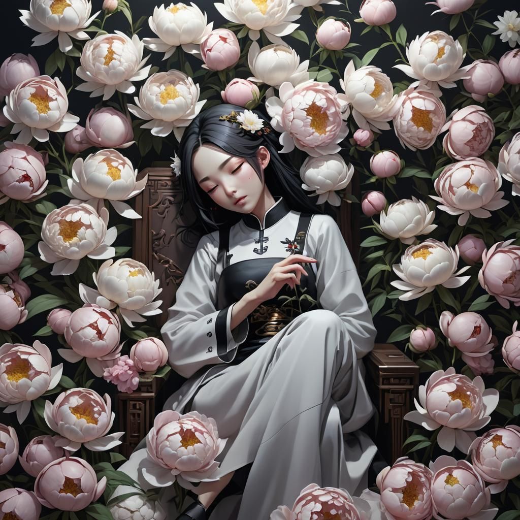 Sleeping Chinese Girl with Flower, 3D Anime Art