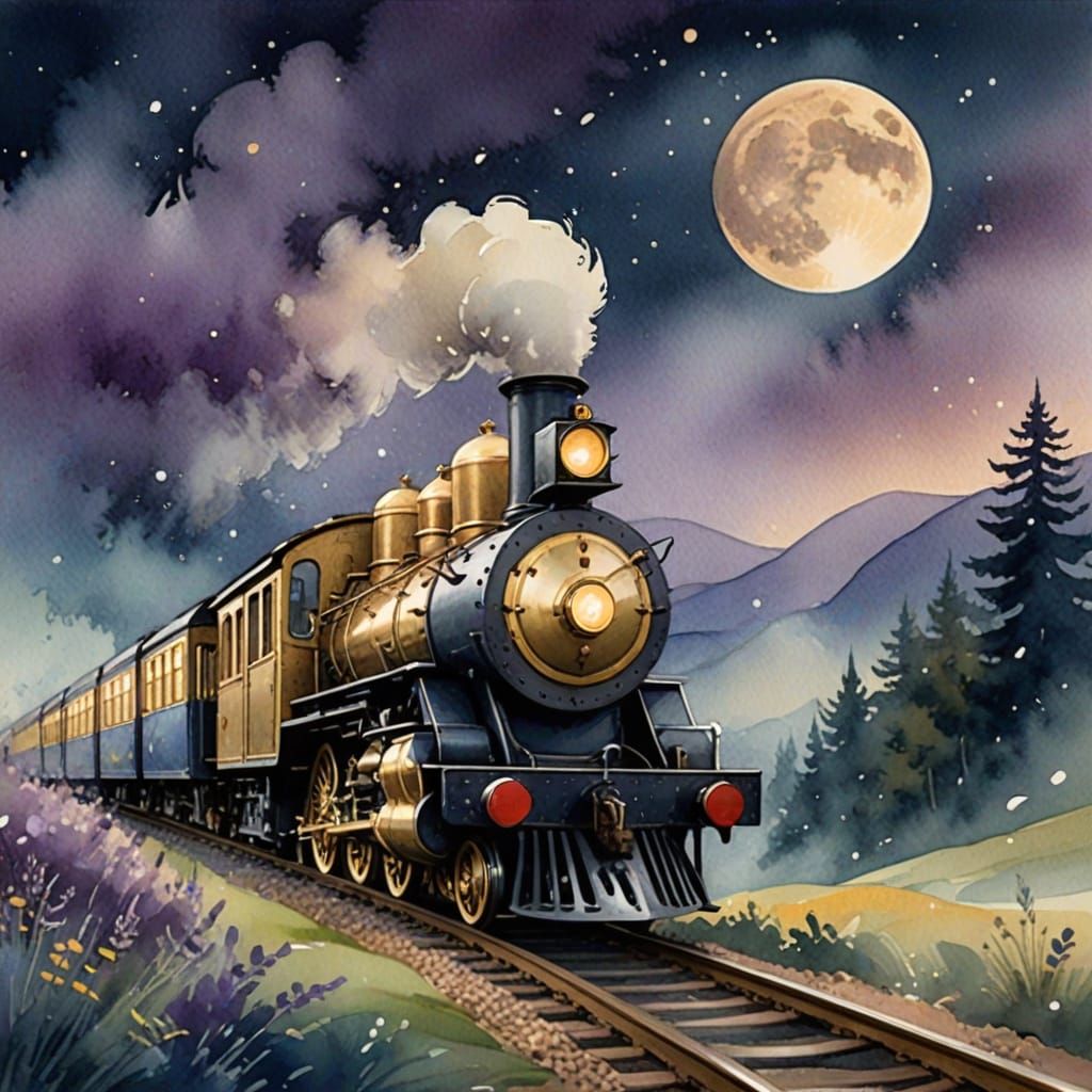 Whimsical Vintage Gold Train Under a Dreamy Full Moon