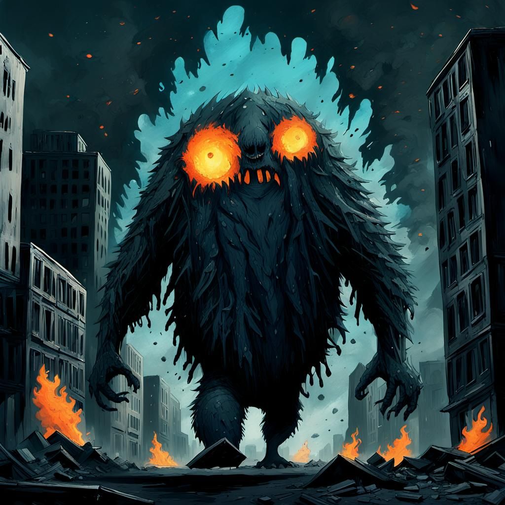 Apocalyptic Giant Monster Destroys City in Cinematic Art