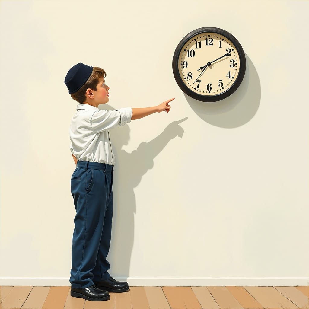 Young Orthodox Boy in Contemplative Pose, Pointing to Wall C...