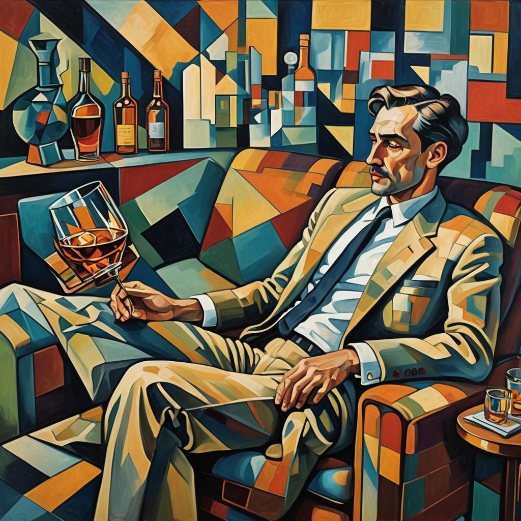 Cubist Painting: Depressed Man in Therapy Session