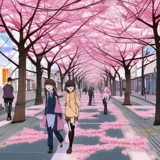 City Street with Cherry Blossoms in Anime Style