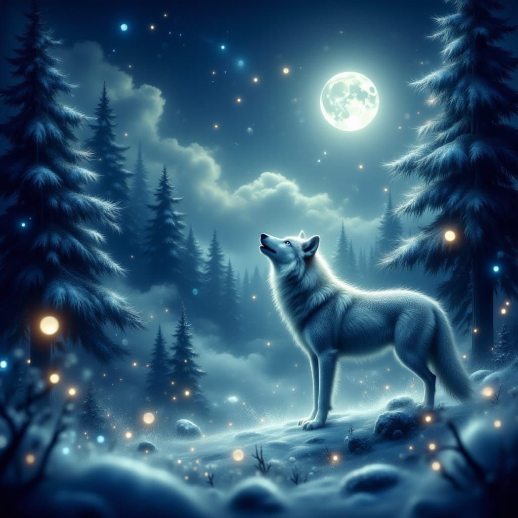 Lone Wolf Howling in Moonlit Winter Forest