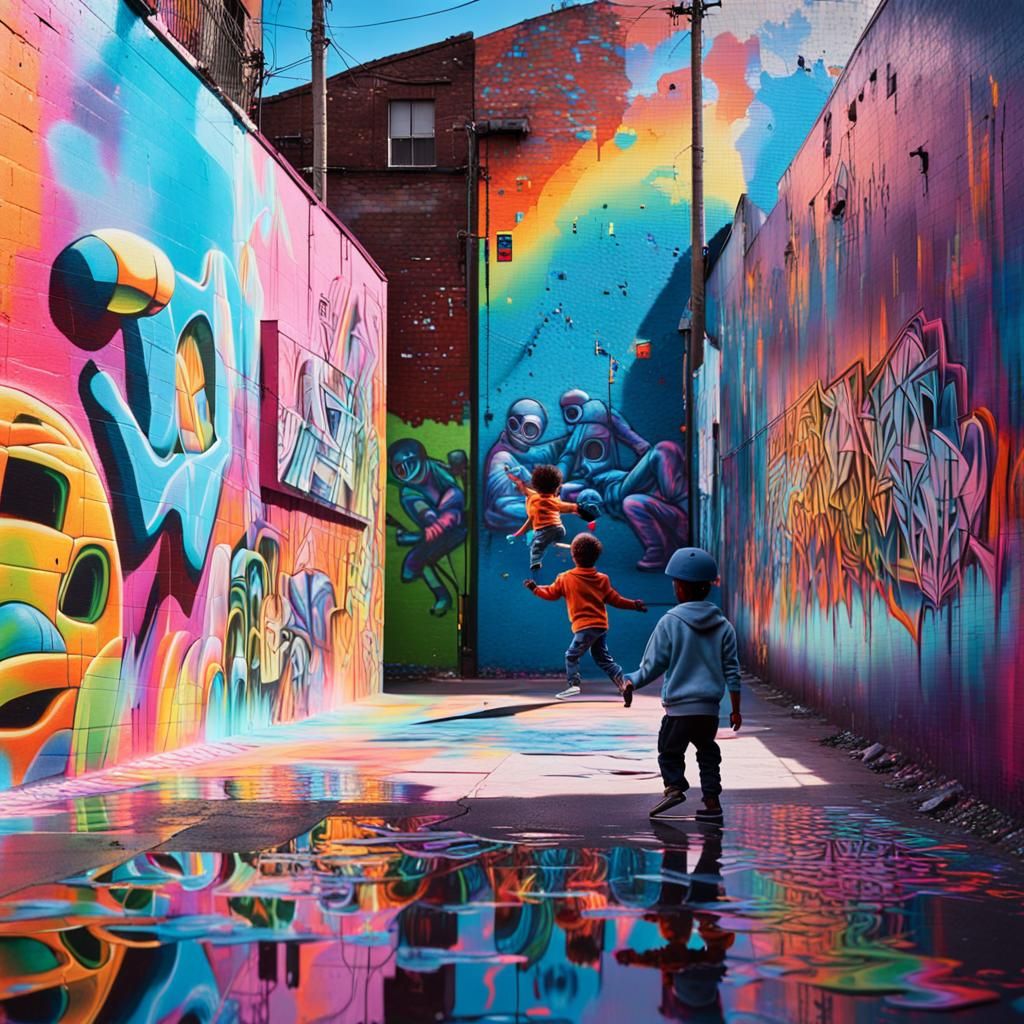 Vibrant Graffiti Art of Child Playing with Hologram