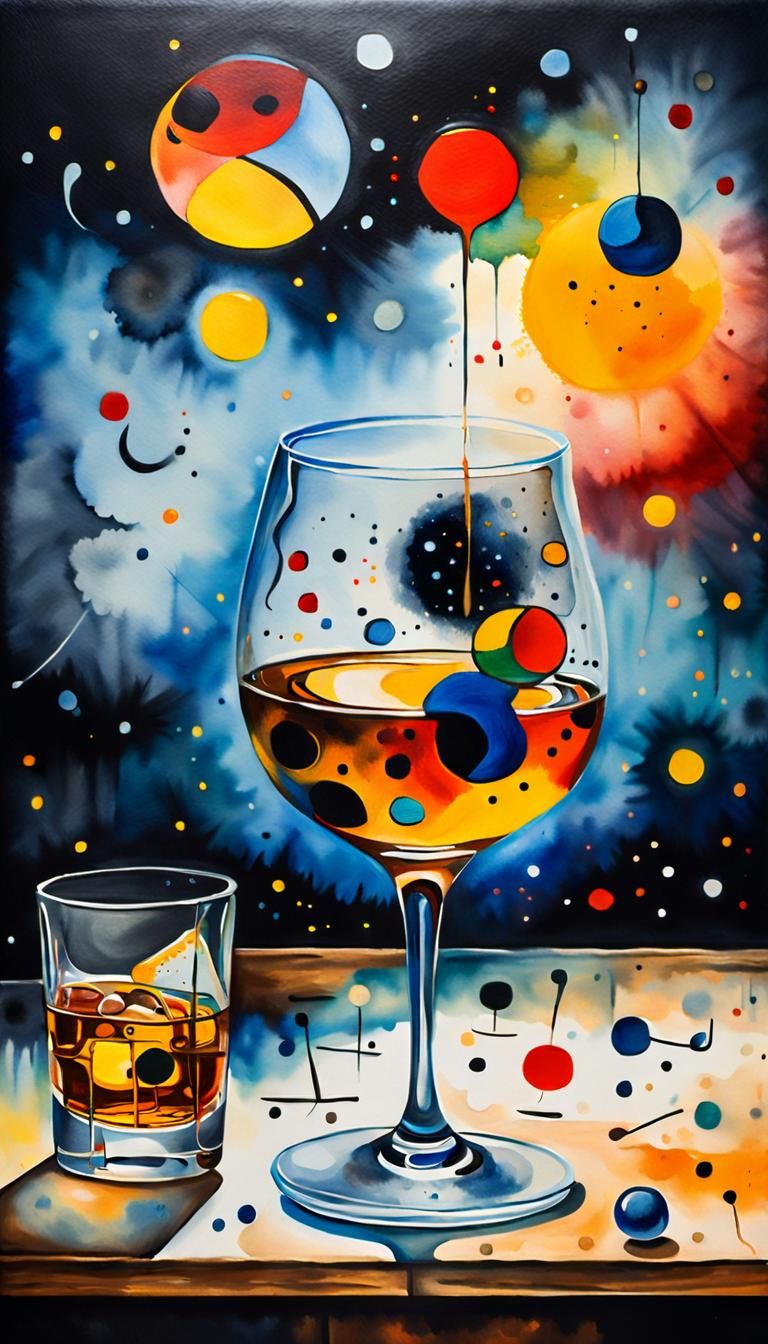 Abstract Oil Painting of Whiskey Glass, Miro Style