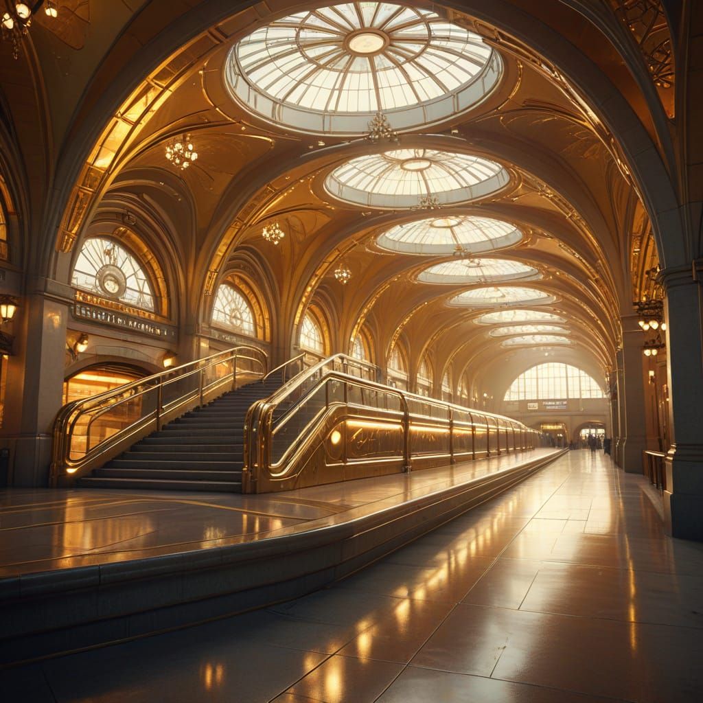 Art Nouveau Futuristic Train Station with Golden Lights