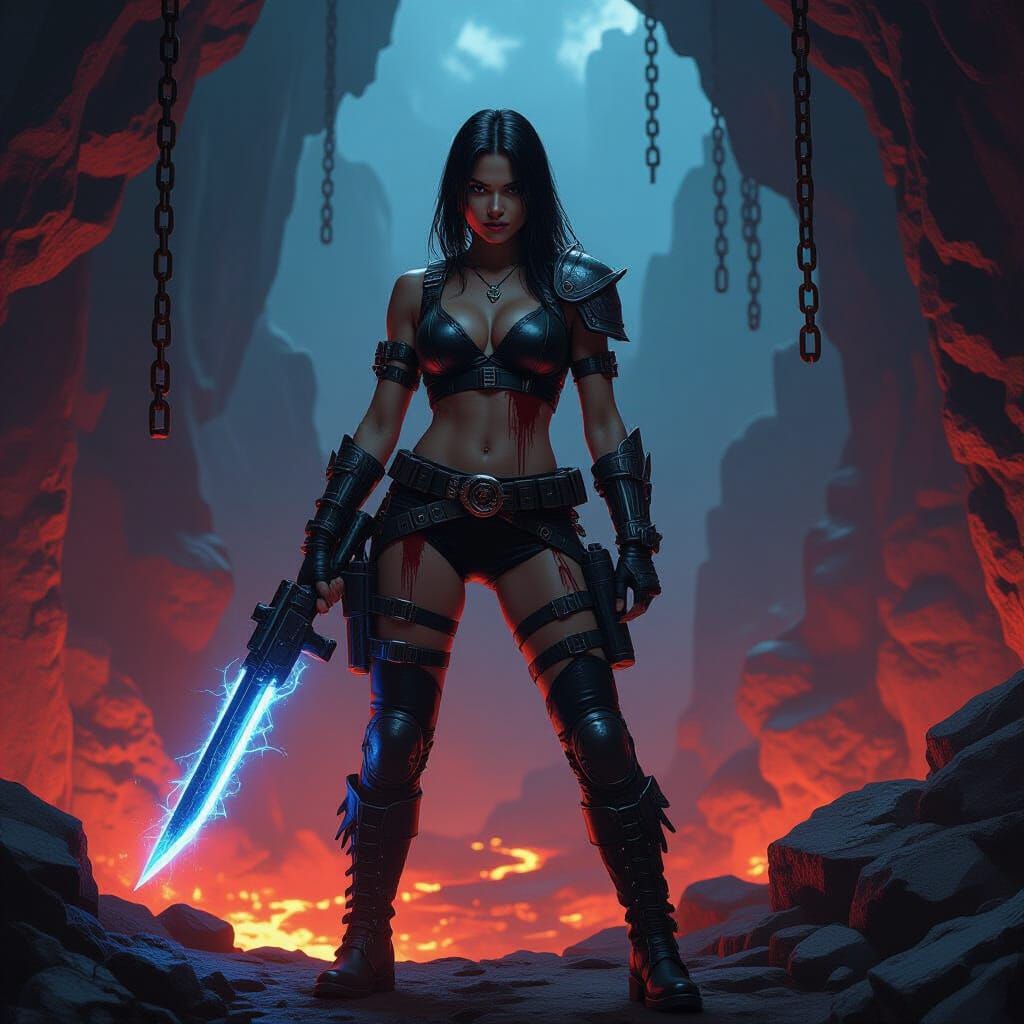 Armored Demon Hunter with Energy Blade in Cyberpunk Style