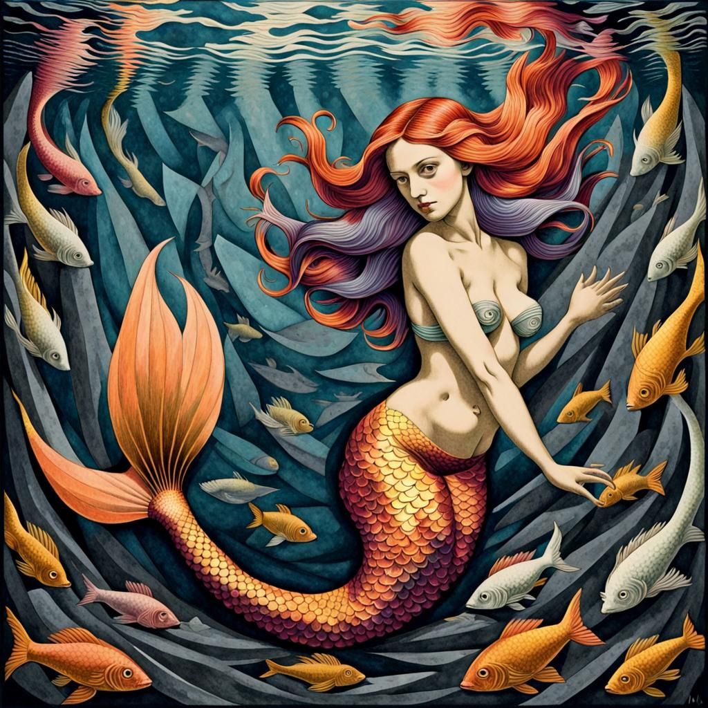 Mermaid Transformation in M.C. Escher Style