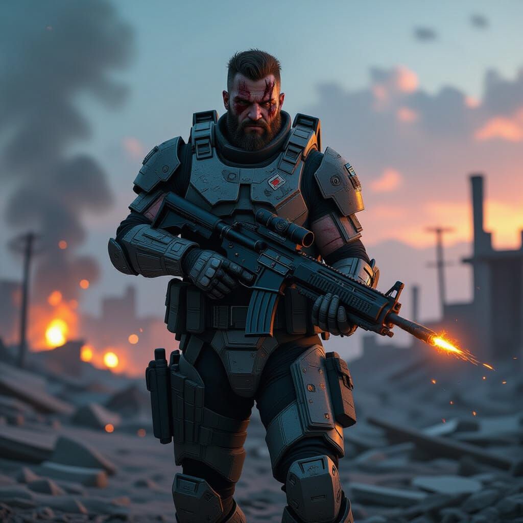Gritty Sci-Fi Marine in War-Torn Landscape