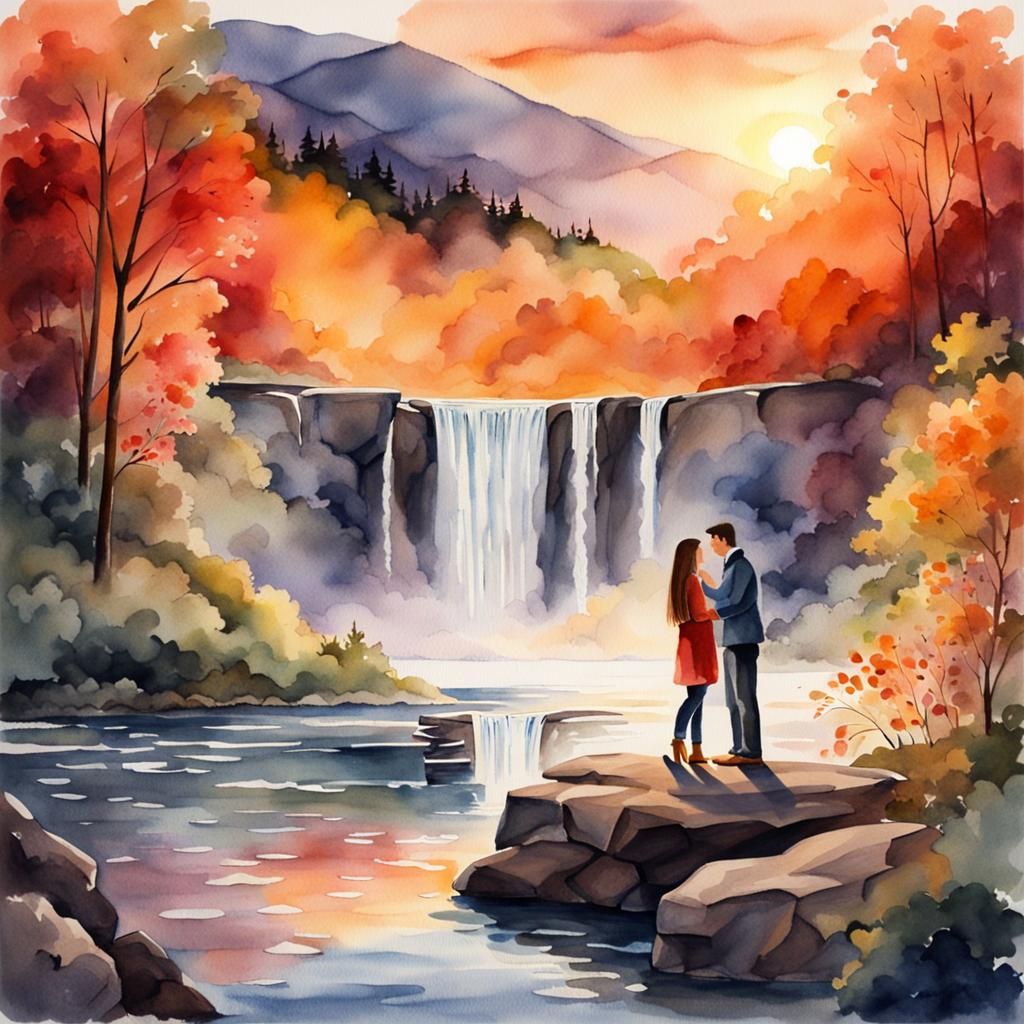 Romantic Waterfall Proposal at Sunset in Watercolor