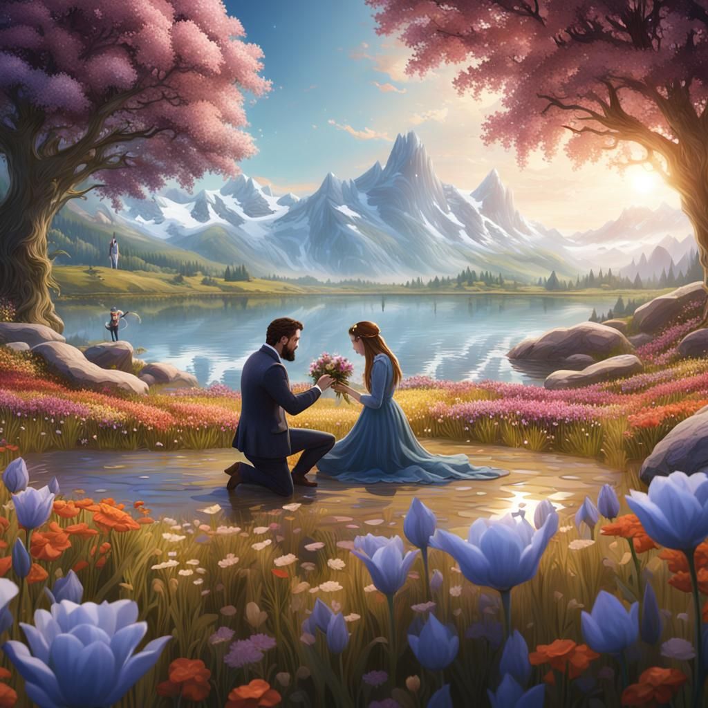 Romantic Lakeside Proposal in a Flower Field