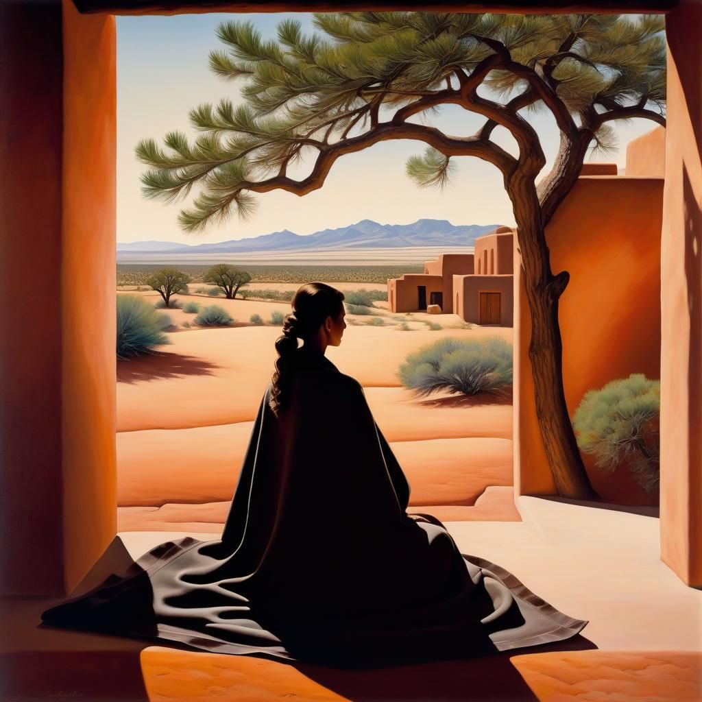 Desert Serenity: Woman on Adobe Porch in O'Keeffe Style