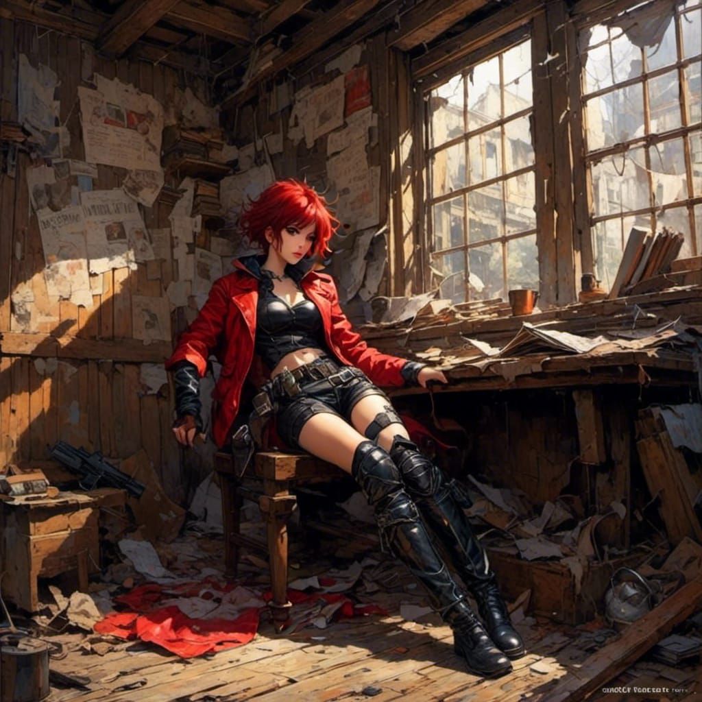 Post-Apocalyptic Woman Relaxing in Abandoned House