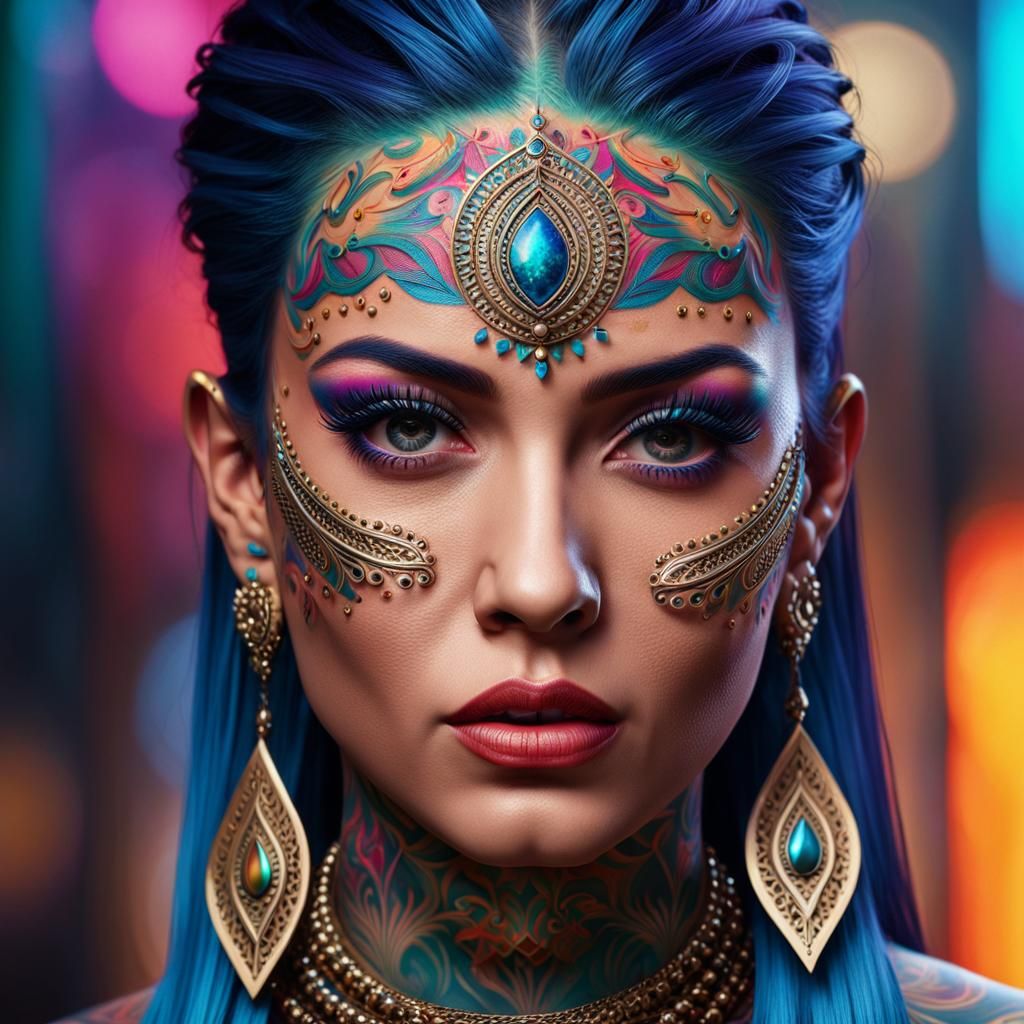 Woman with Intricate Facial Tattoos in Digital Art Style
