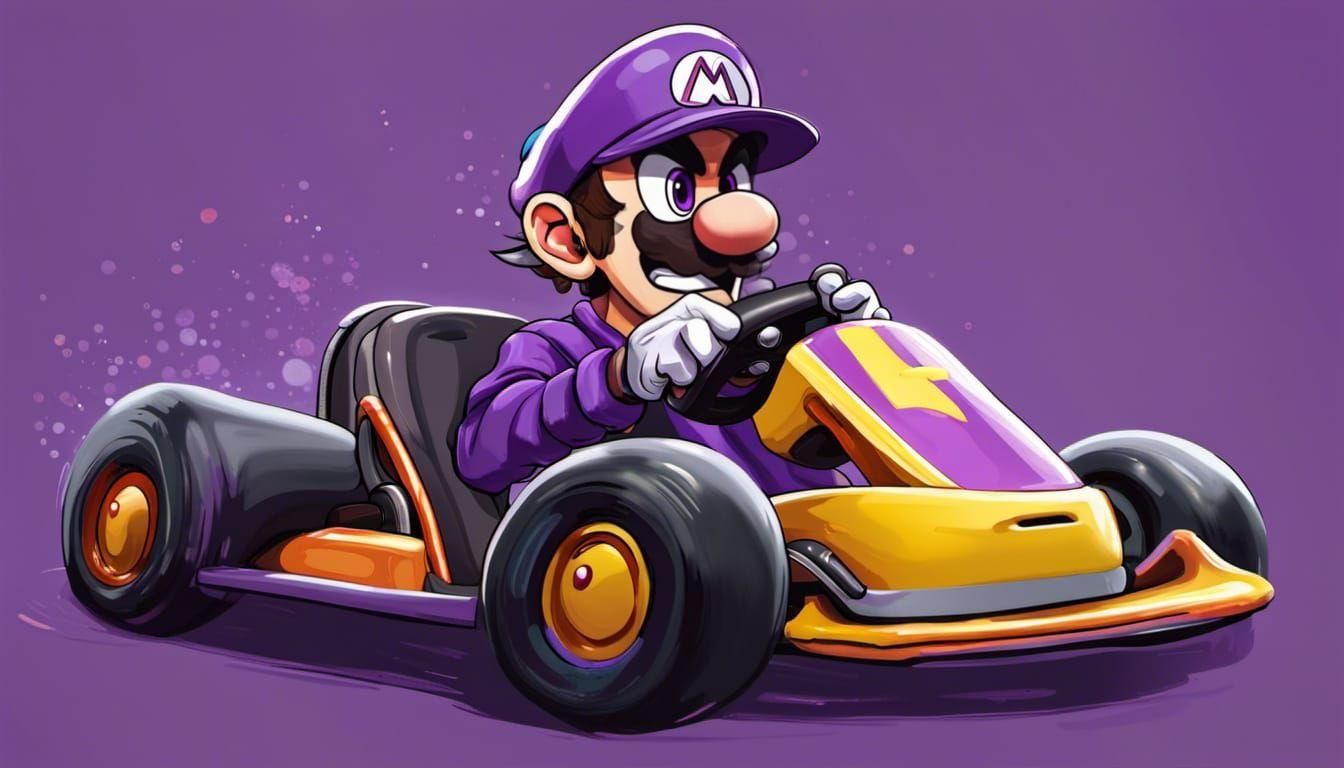 Waluigi driving a Go Kart