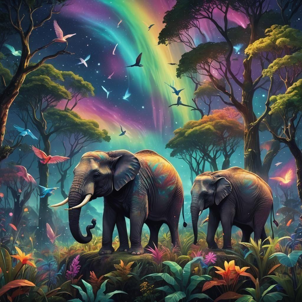 Birds Adorn Elephant in Astral Holographic Illustration