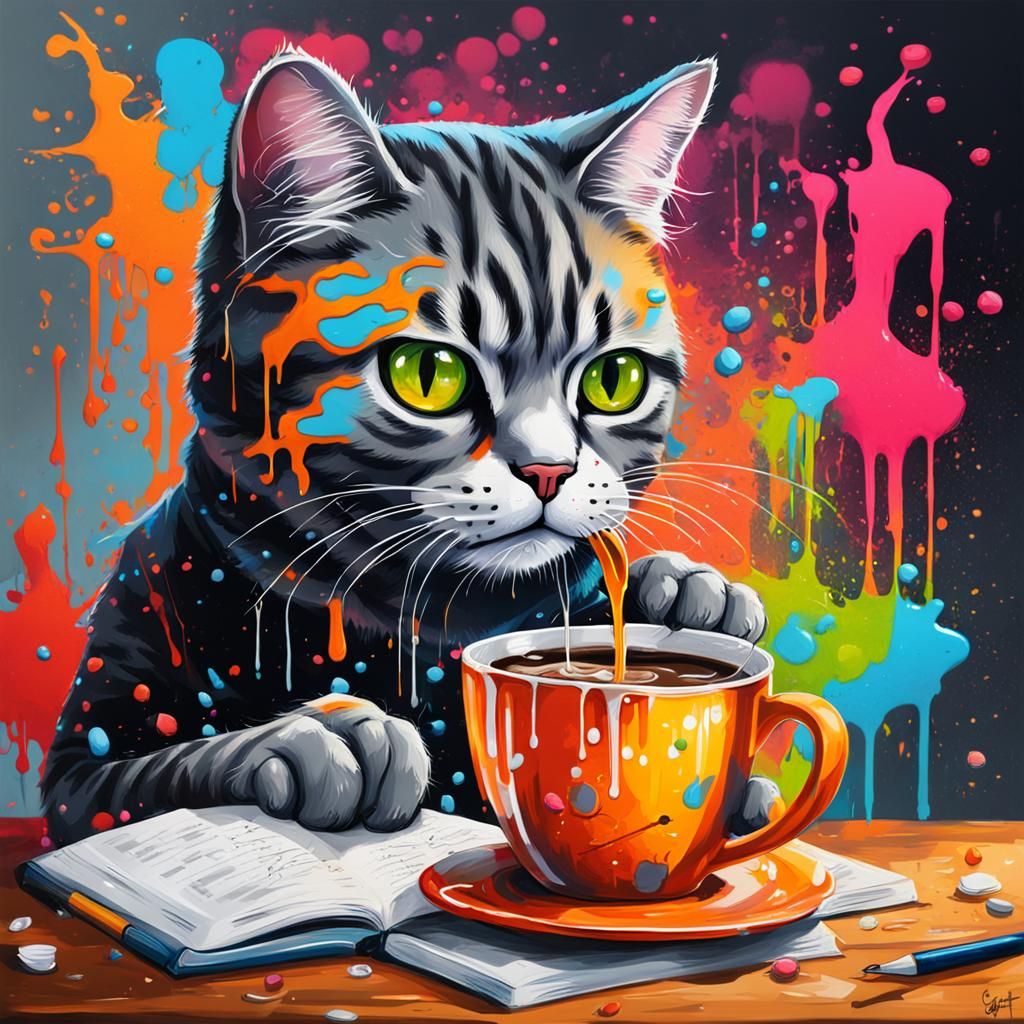 Cute Cat Studying: Graffiti Art Style